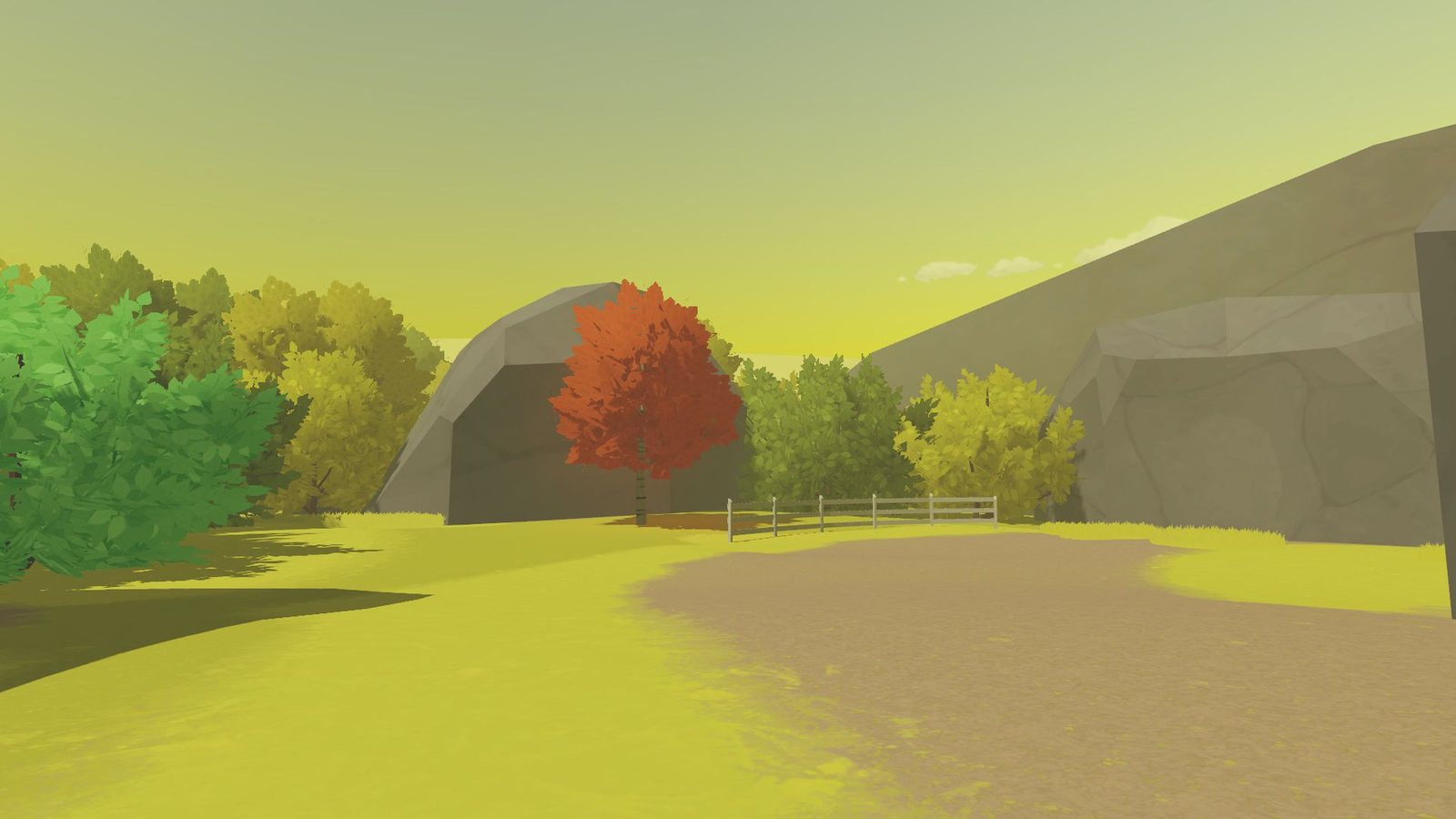 A sunny park with trees and rocks