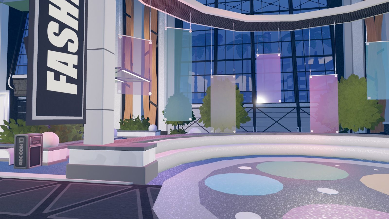 A bright plaza with a fashion area