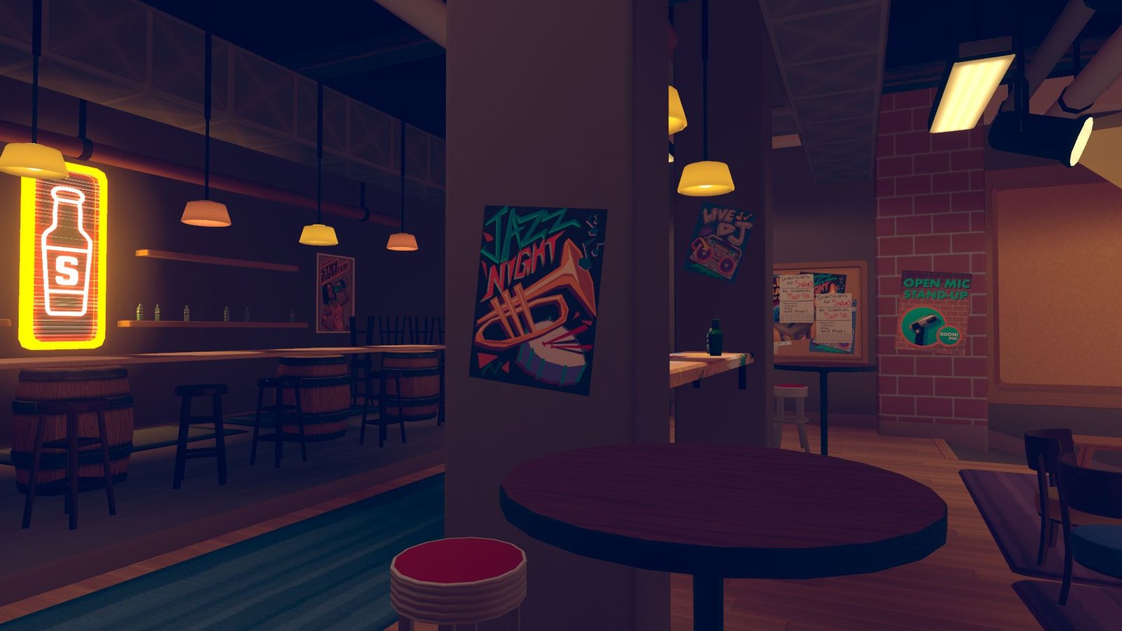 A cozy lounge with a bar and neon signs
